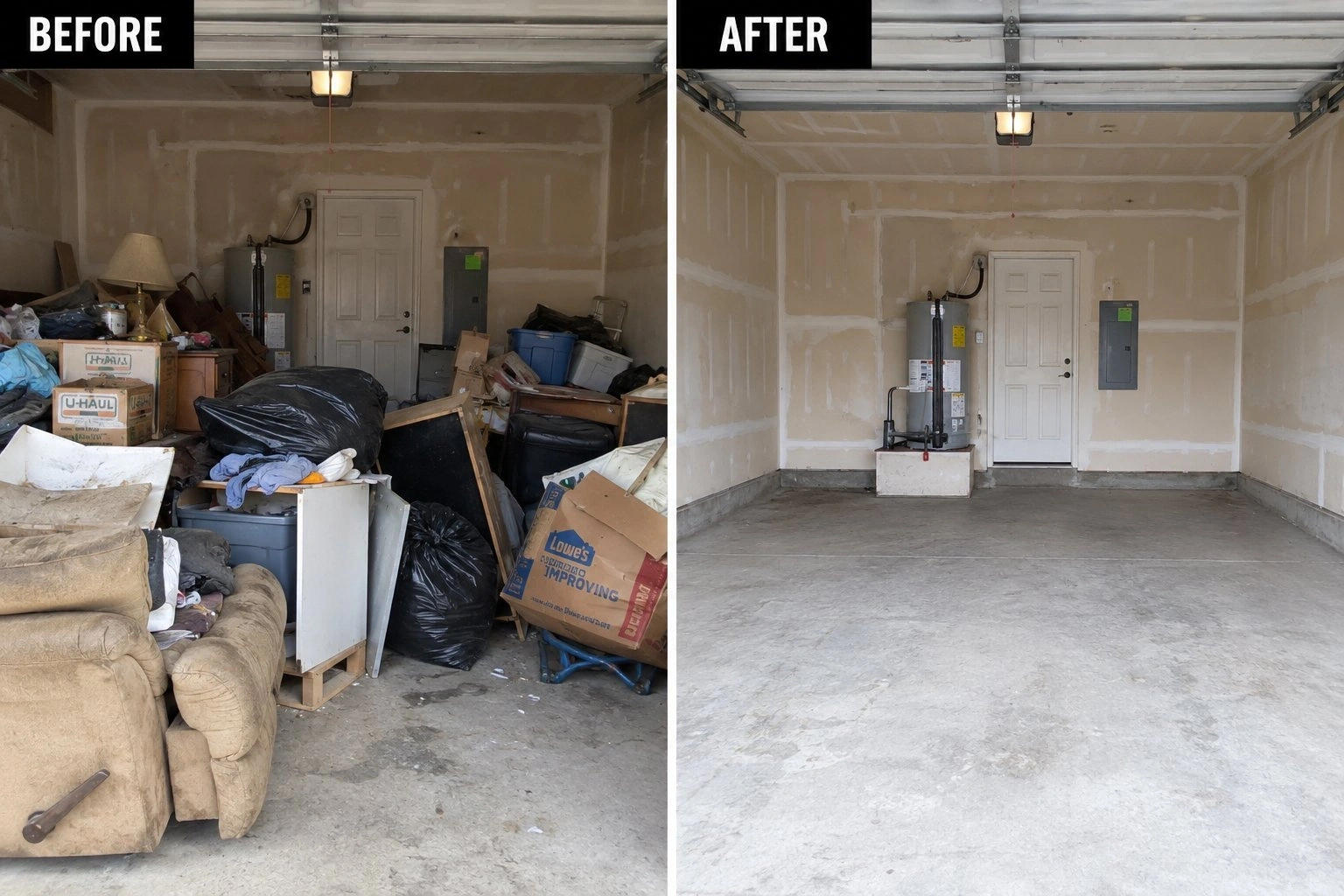 Garage cleanout before and after in Manor TX